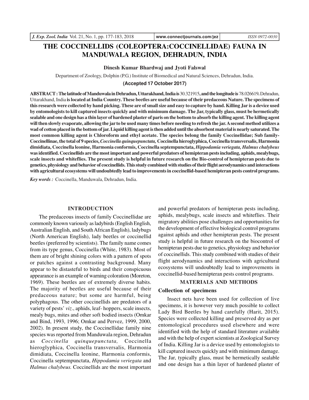 The Coccinellids (Coleoptera:Coccinellidae) Fauna in Manduwala Region, Dehradun, India