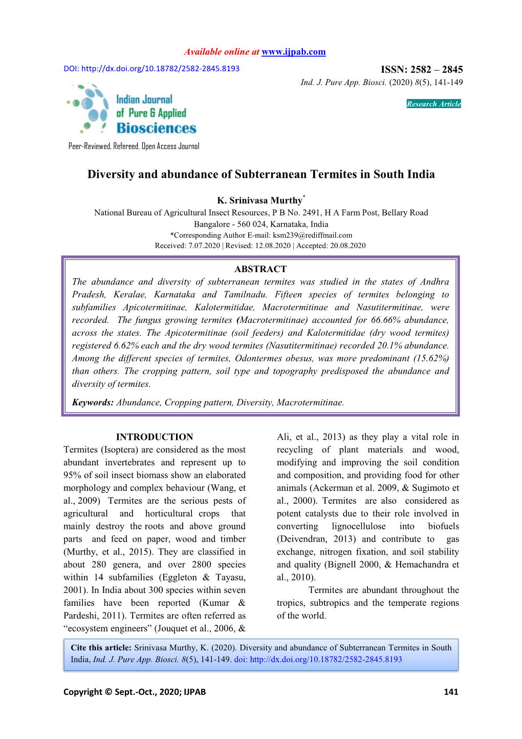 Diversity and Abundance of Subterranean Termites in South India