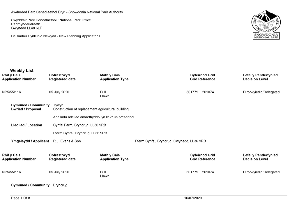 Weekly List Rhif Y Cais Cofrestrwyd Math Y Cais Cyfeirnod Grid Lefel Y Penderfyniad Application Number Registered Date Application Type Grid Reference Decision Level