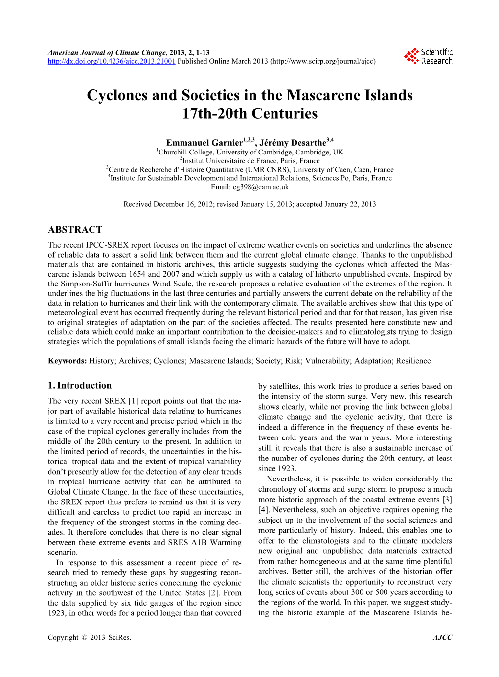 Cyclones and Societies in the Mascarene Islands 17Th-20Th Centuries