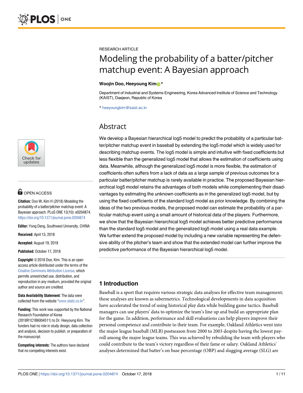 Modeling the Probability of a Batter/Pitcher Matchup Event: a Bayesian Approach