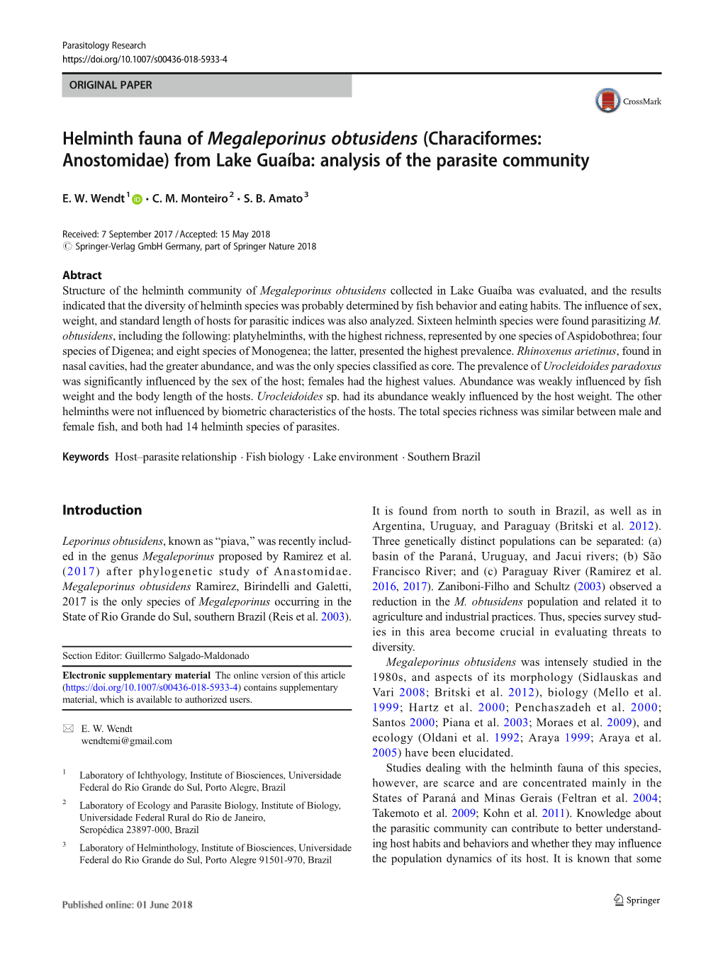 From Lake Guaíba: Analysis of the Parasite Community