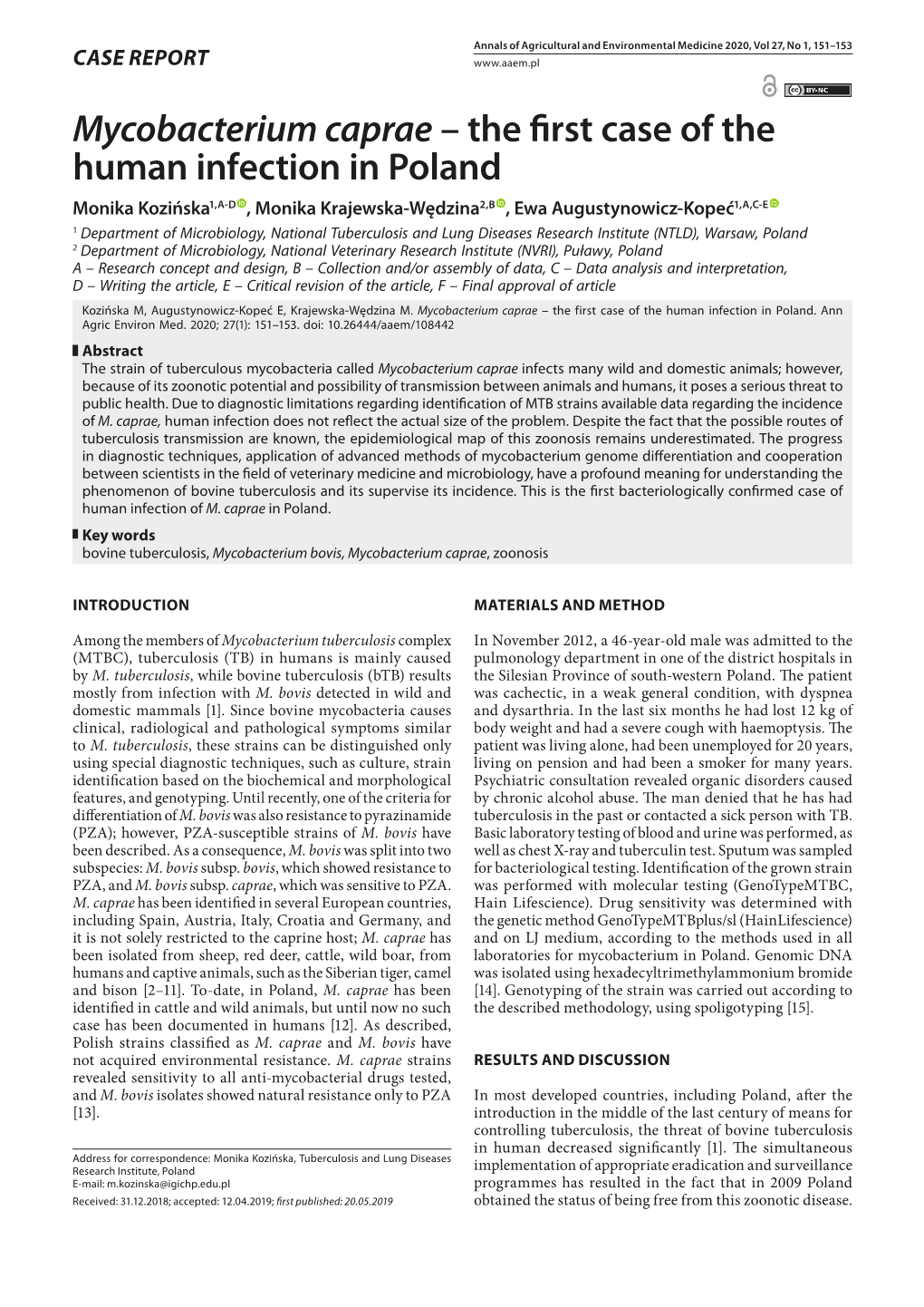 Mycobacterium Caprae – the First Case of the Human Infection in Poland