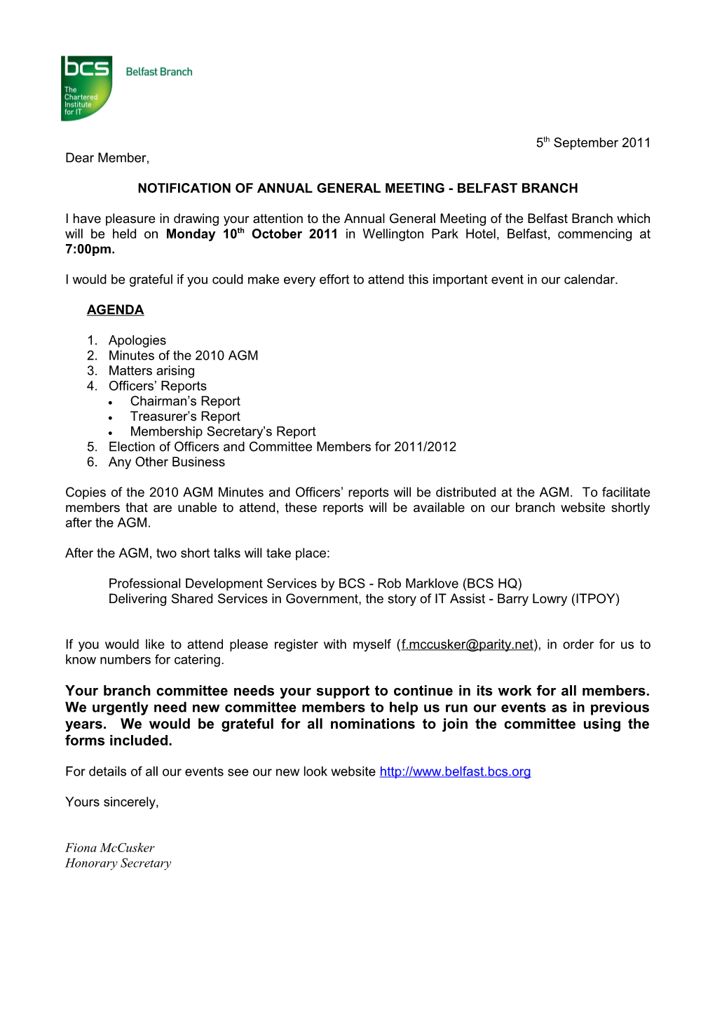 Notification of Annual General Meeting - Belfast Branch