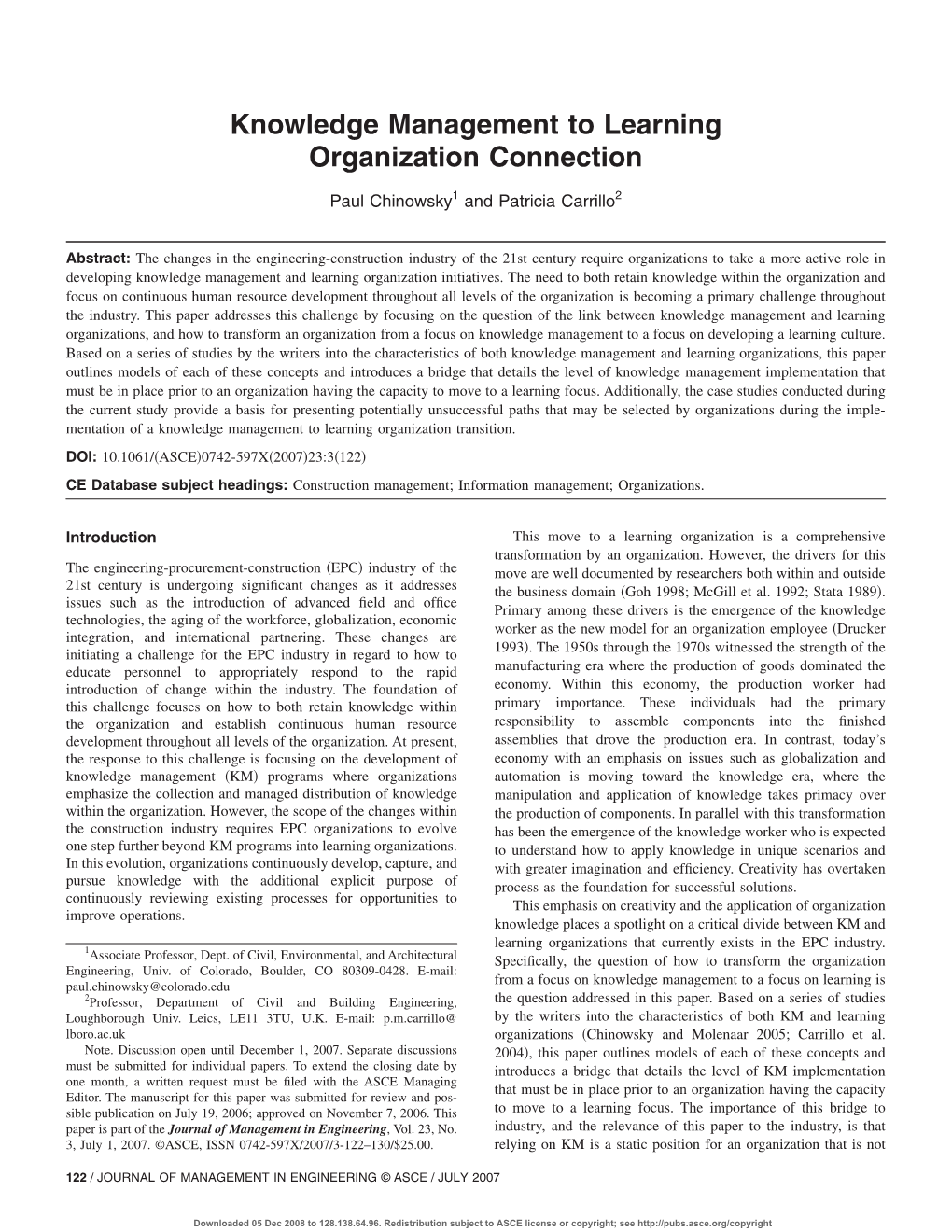 Knowledge Management to Learning Organization Connection