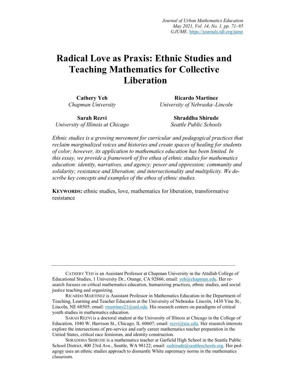 Radical Love As Praxis: Ethnic Studies and Teaching Mathematics for Collective Liberation