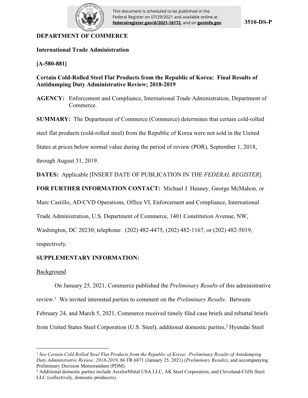 Certain Cold-Rolled Steel Flat Products from the Republic of Korea: Final Results of Antidumping Duty Administrative Review; 2018-2019