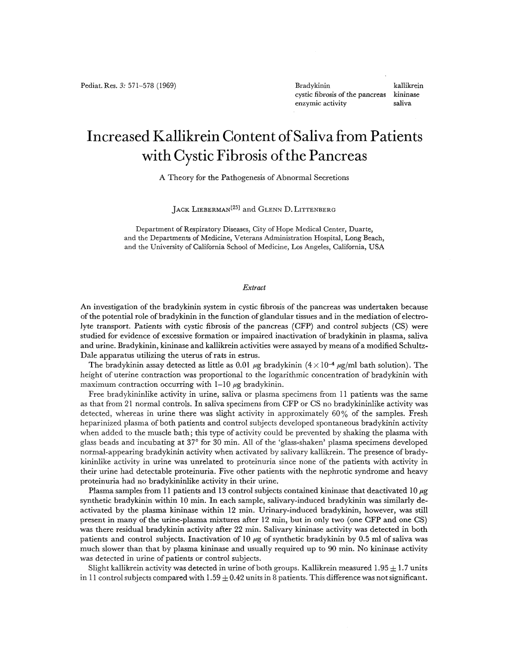Increased Kallikrein Content of Saliva from Patients with Cystic Fibrosis of the Pancreas