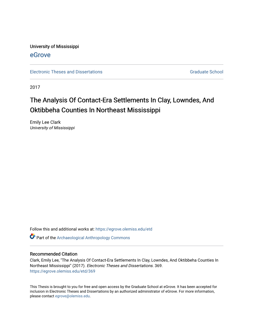 The Analysis of Contact-Era Settlements in Clay, Lowndes, and Oktibbeha Counties in Northeast Mississippi