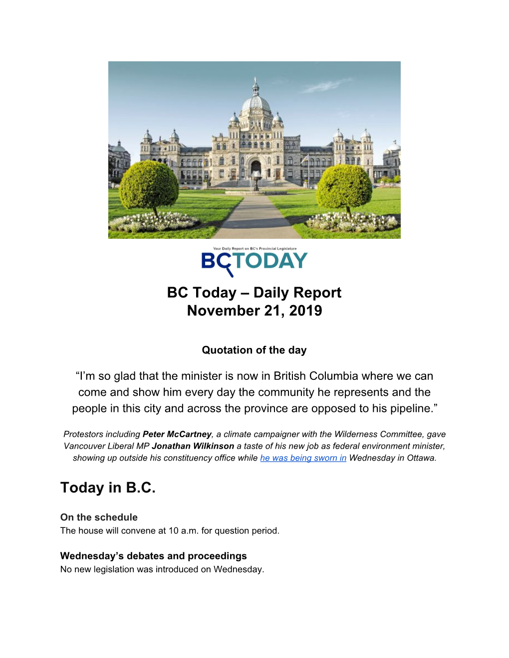 Daily Report November 21, 2019 Today in BC