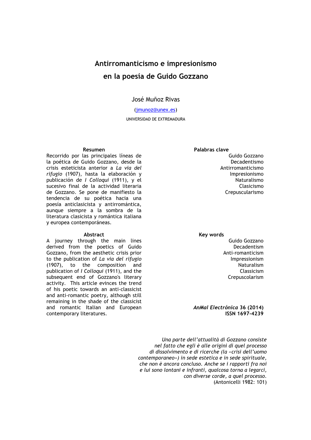 Antirromanticismo E Impresionismo En La Poesía De Guido Gozzano