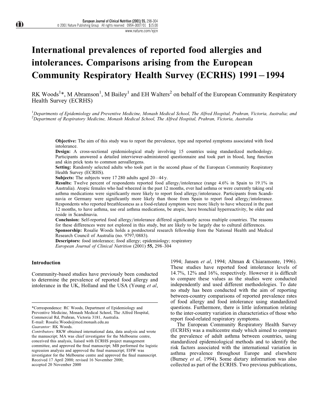 International Prevalences of Reported Food Allergies and Intolerances