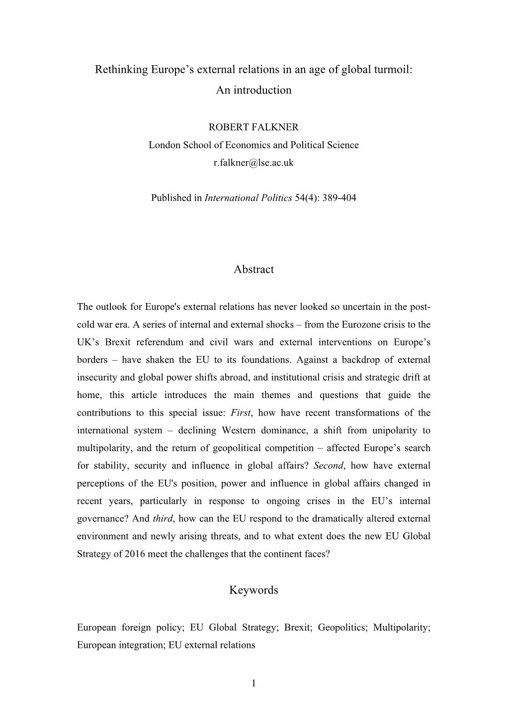 Rethinking Europe's External Relations in an Age of Global Turmoil: an Introduction Abstract Keywords