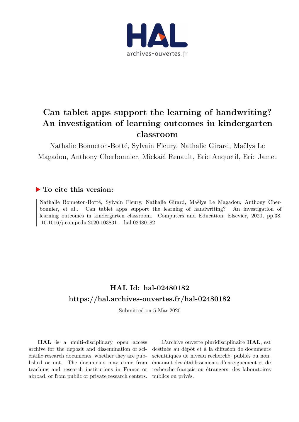 Can Tablet Apps Support the Learning of Handwriting? an Investigation of Learning Outcomes in Kindergarten Classroom