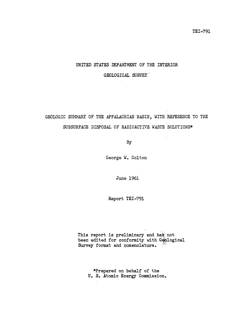 GEOLOGIC SUMMARY of the APPALACHIAN BASIN, with REFERENCE to the SUBSURFACE DISPOSAL of RADIOACTIVE WASTE SOLUTIONS by George W