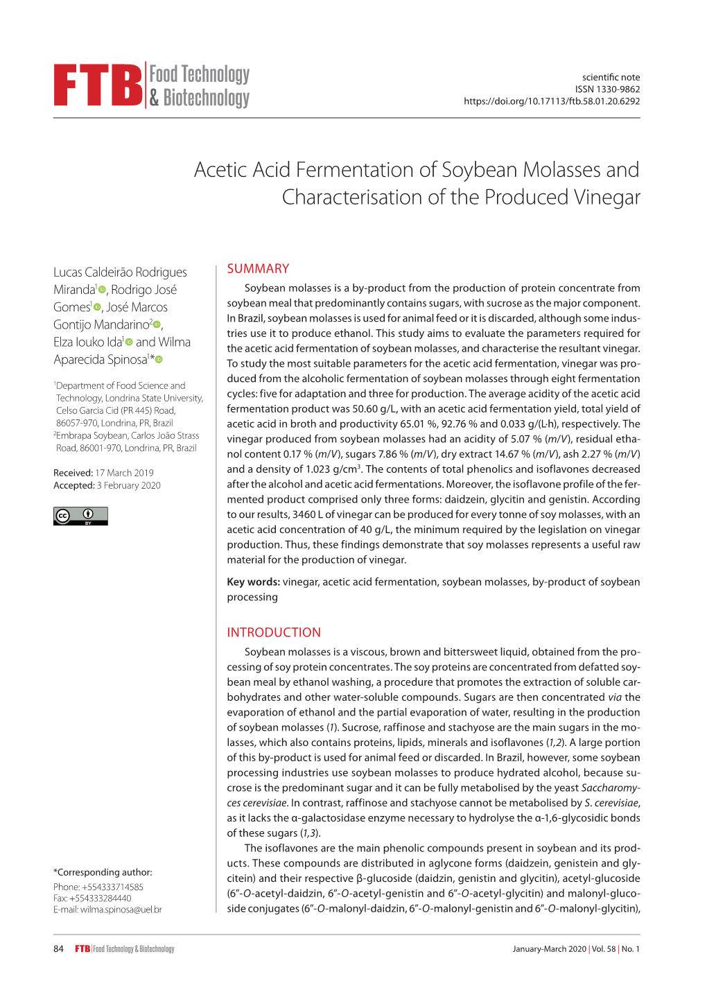 Acetic Acid Fermentation of Soybean Molasses and Characterisation of the Produced Vinegar