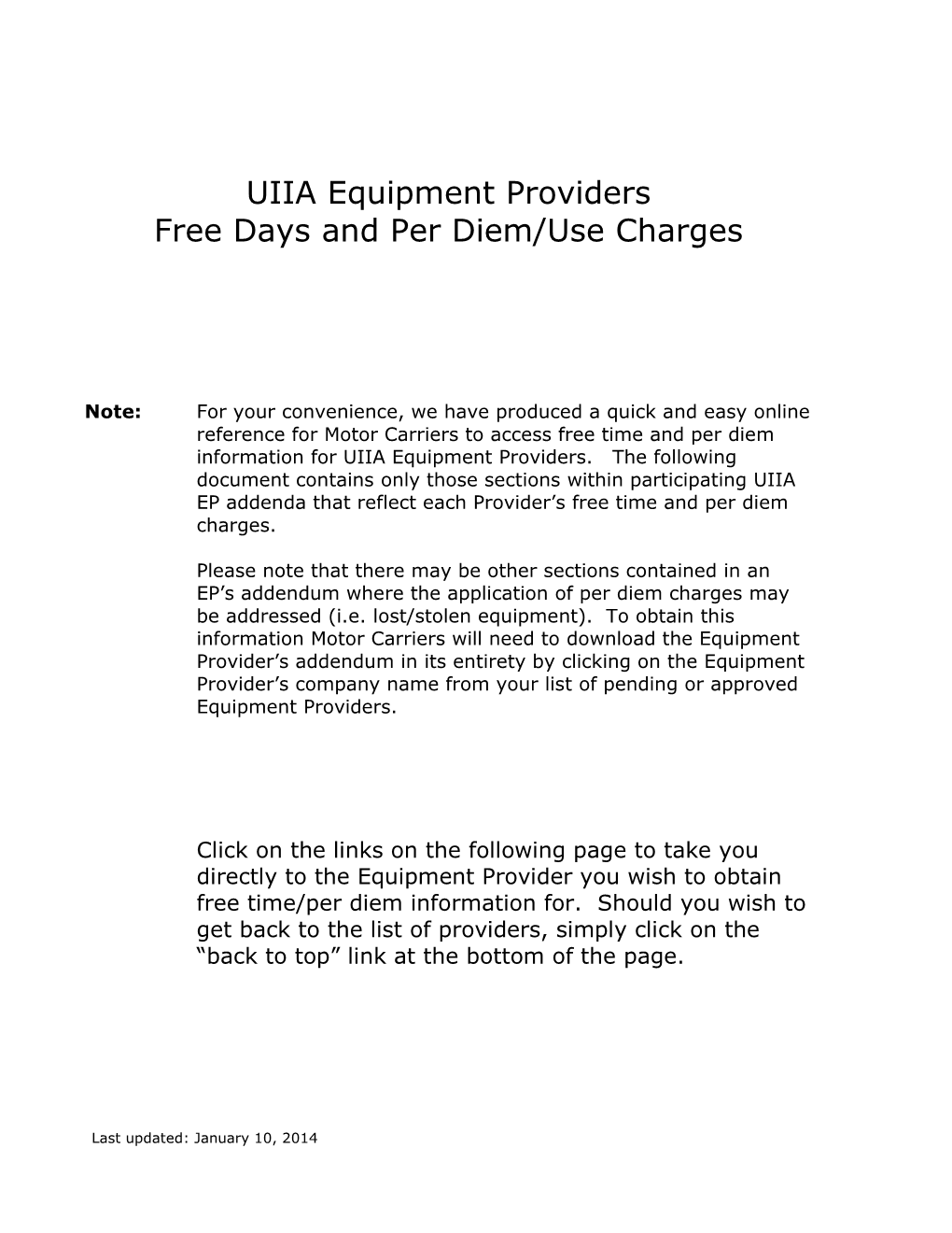 UIIA Equipment Providers Free Days and Per Diem/Use Charges