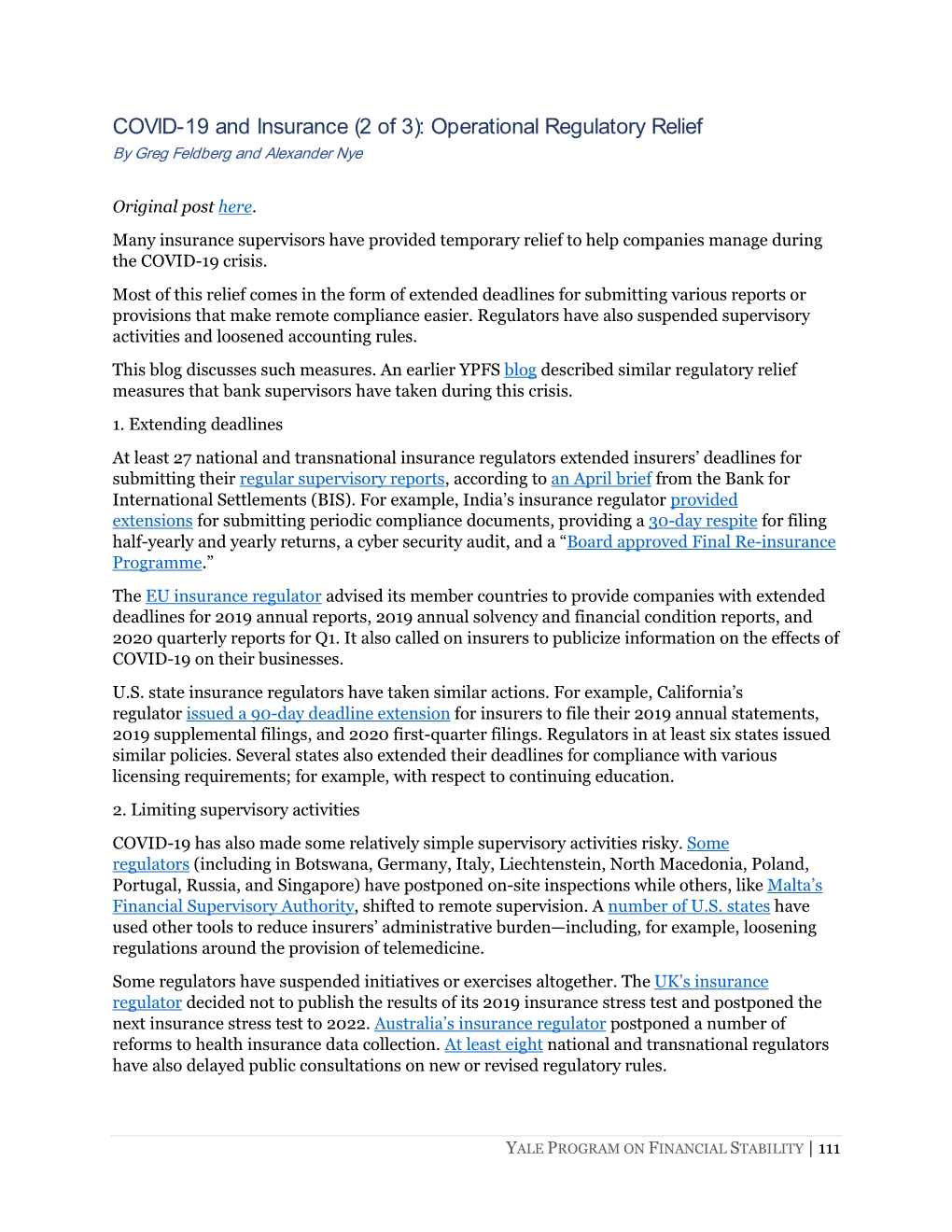 Operational Regulatory Relief by Greg Feldberg and Alexander Nye