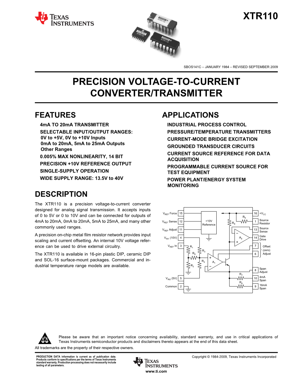 Precision Voltage-To-Current Converter/Transmitter Xtr110