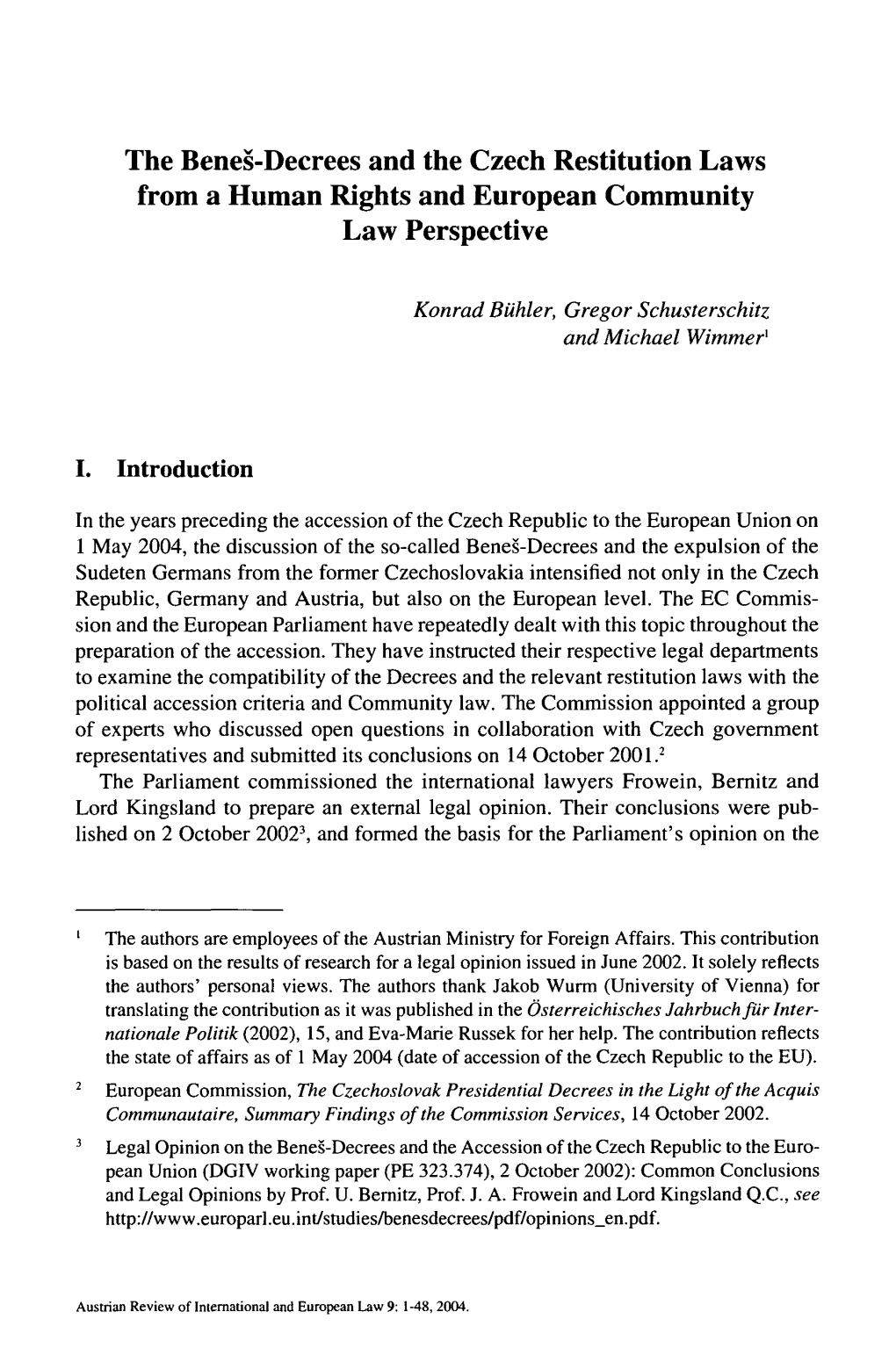 Decrees and the Czech Restitution Laws from a Human Rights and European Community Law Perspective