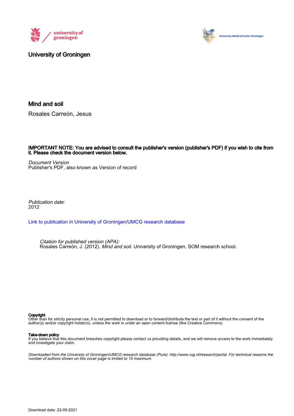 University of Groningen Mind and Soil Rosales Carreón, Jesus