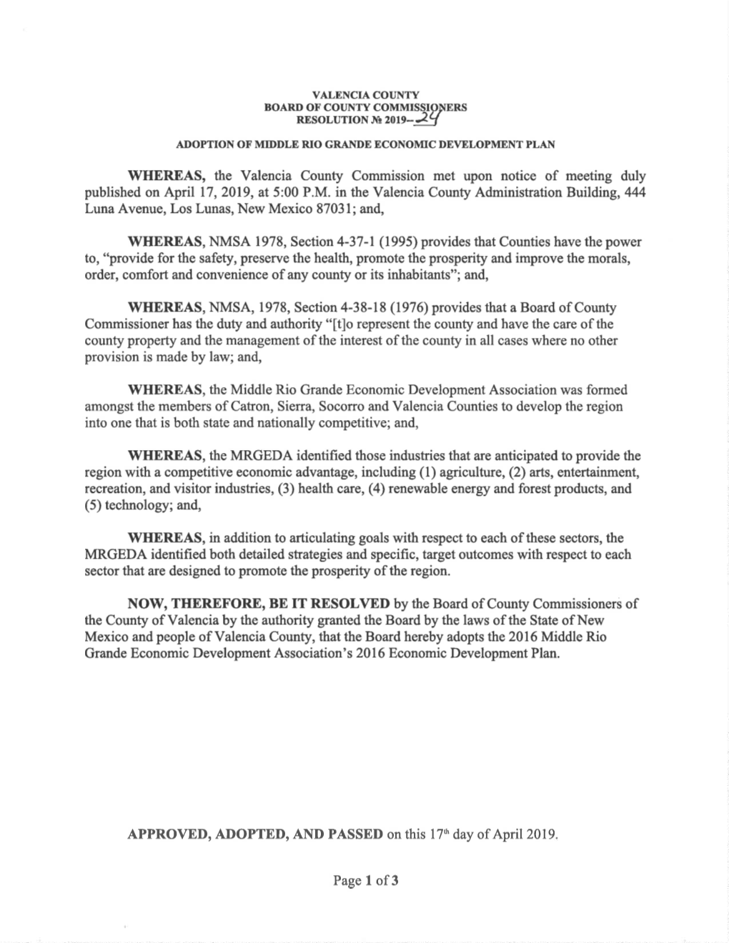 \Ryhereas, the Valencia County Commission Met Upon Notice of Meeting Duly Published on April 17, 2019, at 5:00 P.M