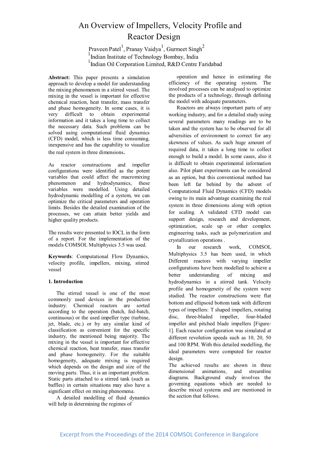 An Overview of Impellers, Velocity Profile and Reactor Design