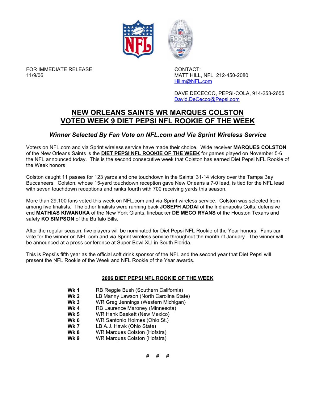 New Orleans Saints Wr Marques Colston Voted Week 9 Diet Pepsi Nfl Rookie of the Week