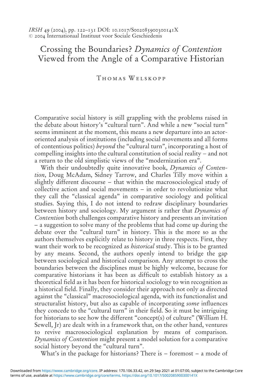 Crossing the Boundaries? Dynamics of Contention Viewed from the Angle of a Comparative Historian