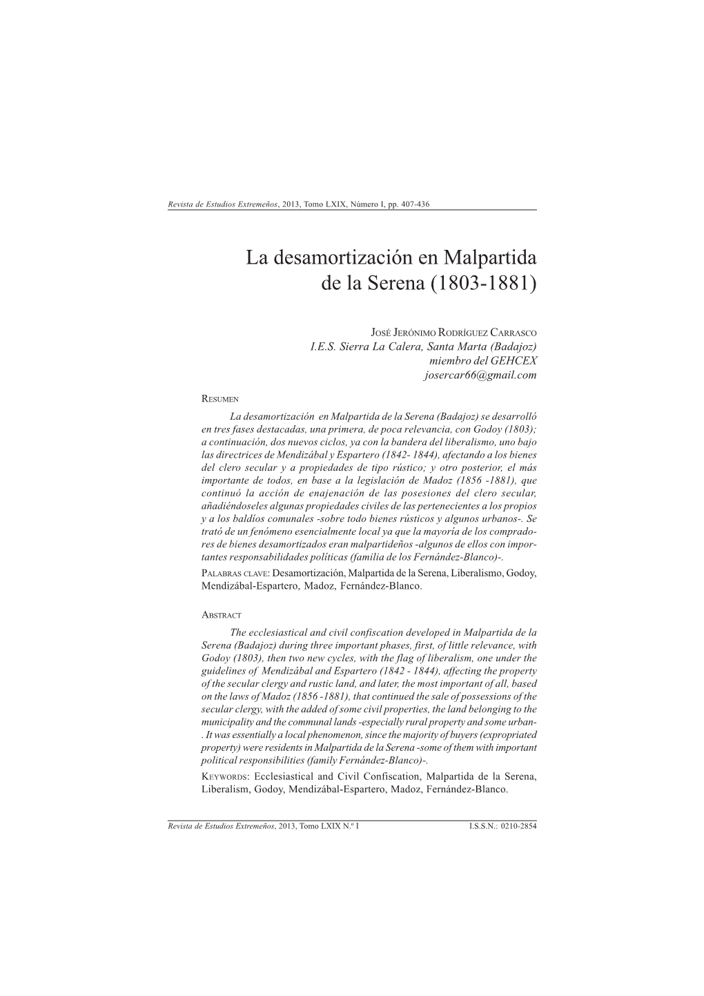 La Desamortización En Malpartida De La Serena (1803-1881)