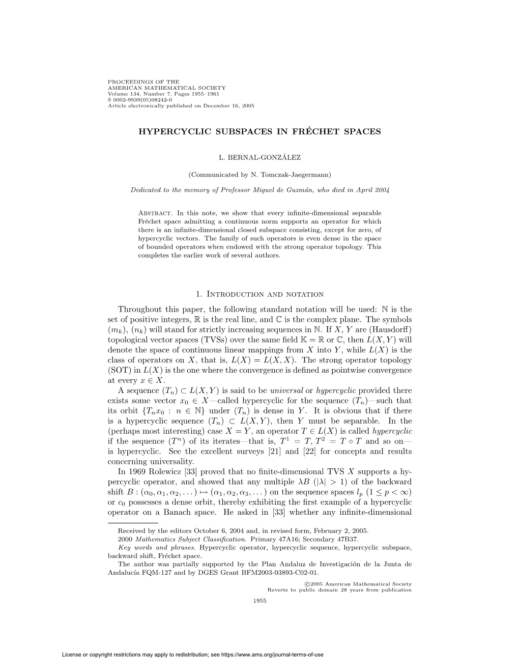 HYPERCYCLIC SUBSPACES in FRÉCHET SPACES 1. Introduction