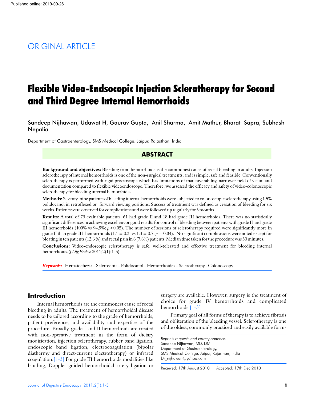 Flexible Video-Endsocopic Injection Sclerotherapy for Second and Third Degree Internal Hemorrhoids