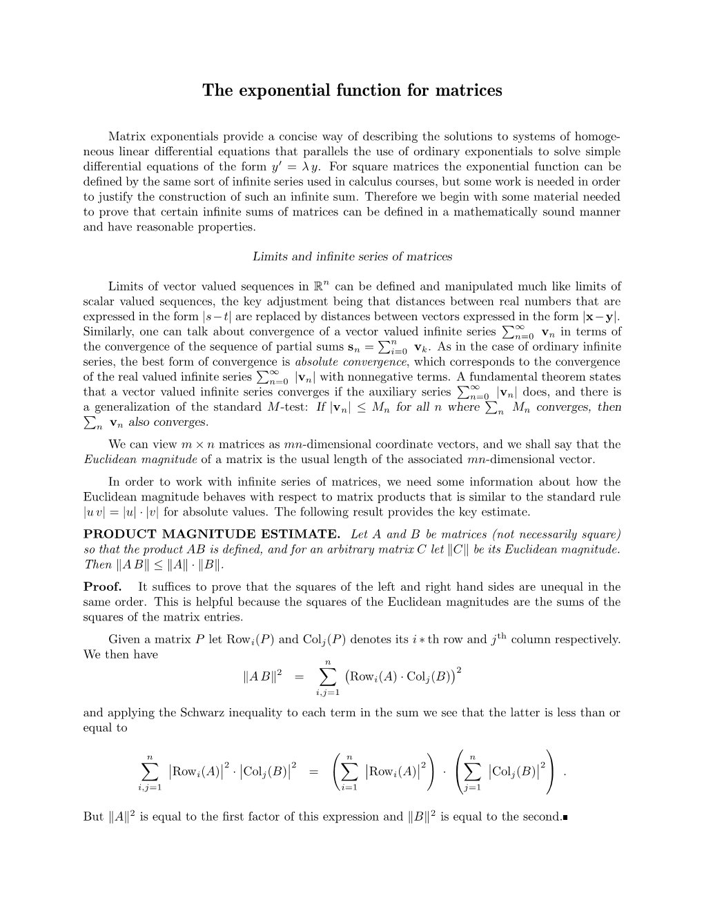 The Exponential Function for Matrices