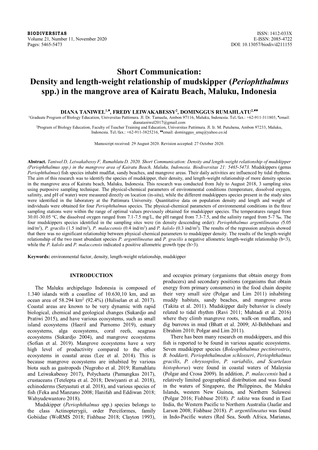 Density and Length-Weight Relationship of Mudskipper (Periophthalmus Spp.) in the Mangrove Area of Kairatu Beach, Maluku, Indonesia