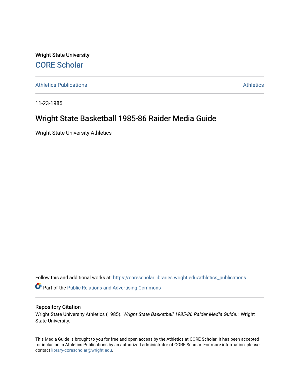 Wright State Basketball 1985-86 Raider Media Guide