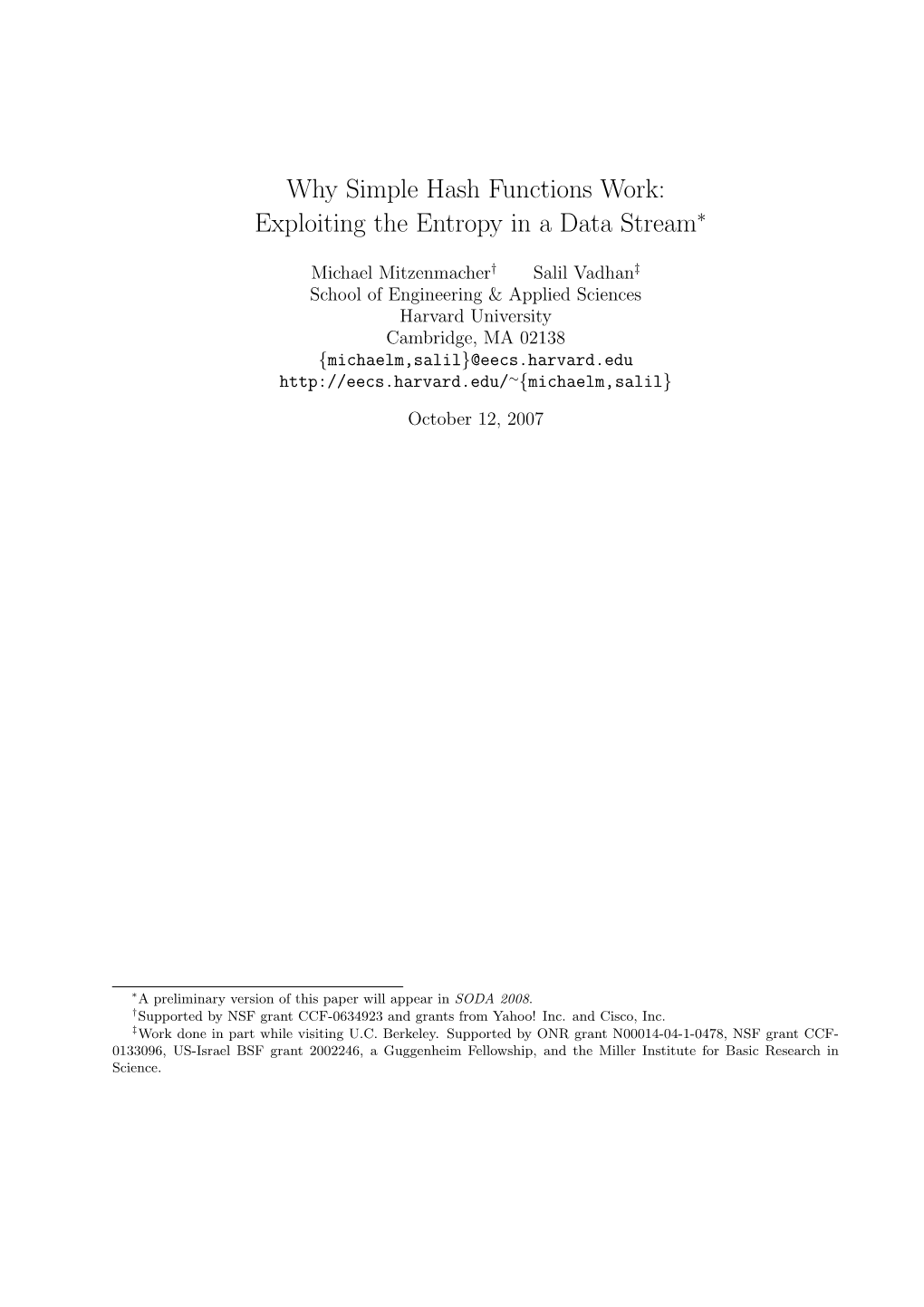 Why Simple Hash Functions Work: Exploiting the Entropy in a Data Stream∗