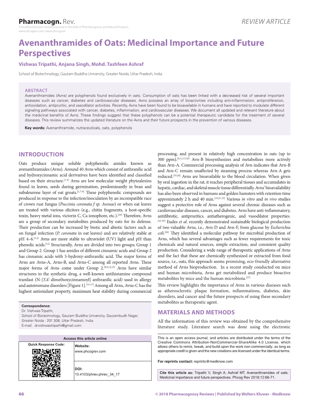 Avenanthramides of Oats: Medicinal Importance and Future Perspectives Vishwas Tripathi, Anjana Singh, Mohd