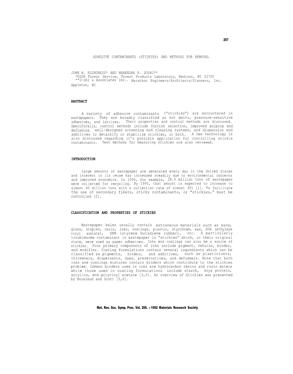 Adhesive Contaminants (Stickies) and Methods for Removal