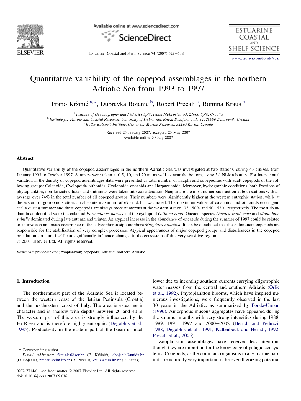 Quantitative Variability of the Copepod Assemblages in the Northern Adriatic Sea from 1993 to 1997
