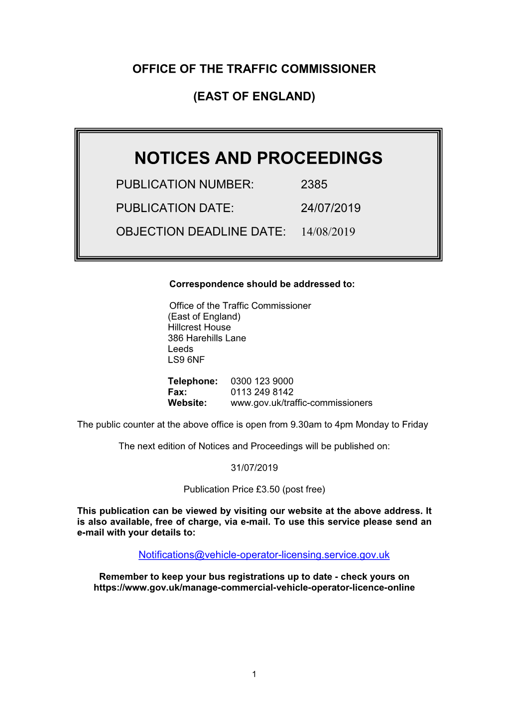 Notice and Proceedings for the East of England