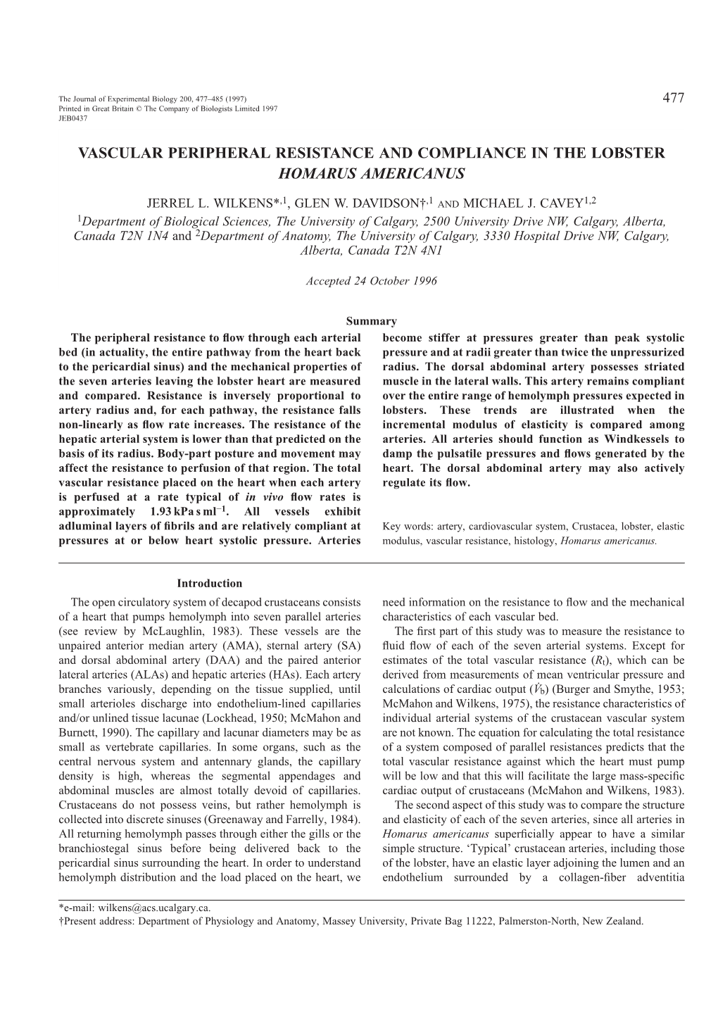 Vascular Peripheral Resistance and Compliance in the Lobster Homarus Americanus