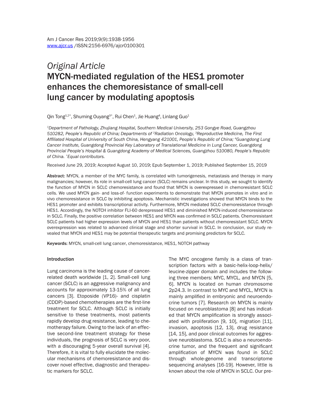 Original Article MYCN-Mediated Regulation of the HES1 Promoter Enhances the Chemoresistance of Small-Cell Lung Cancer by Modulating Apoptosis