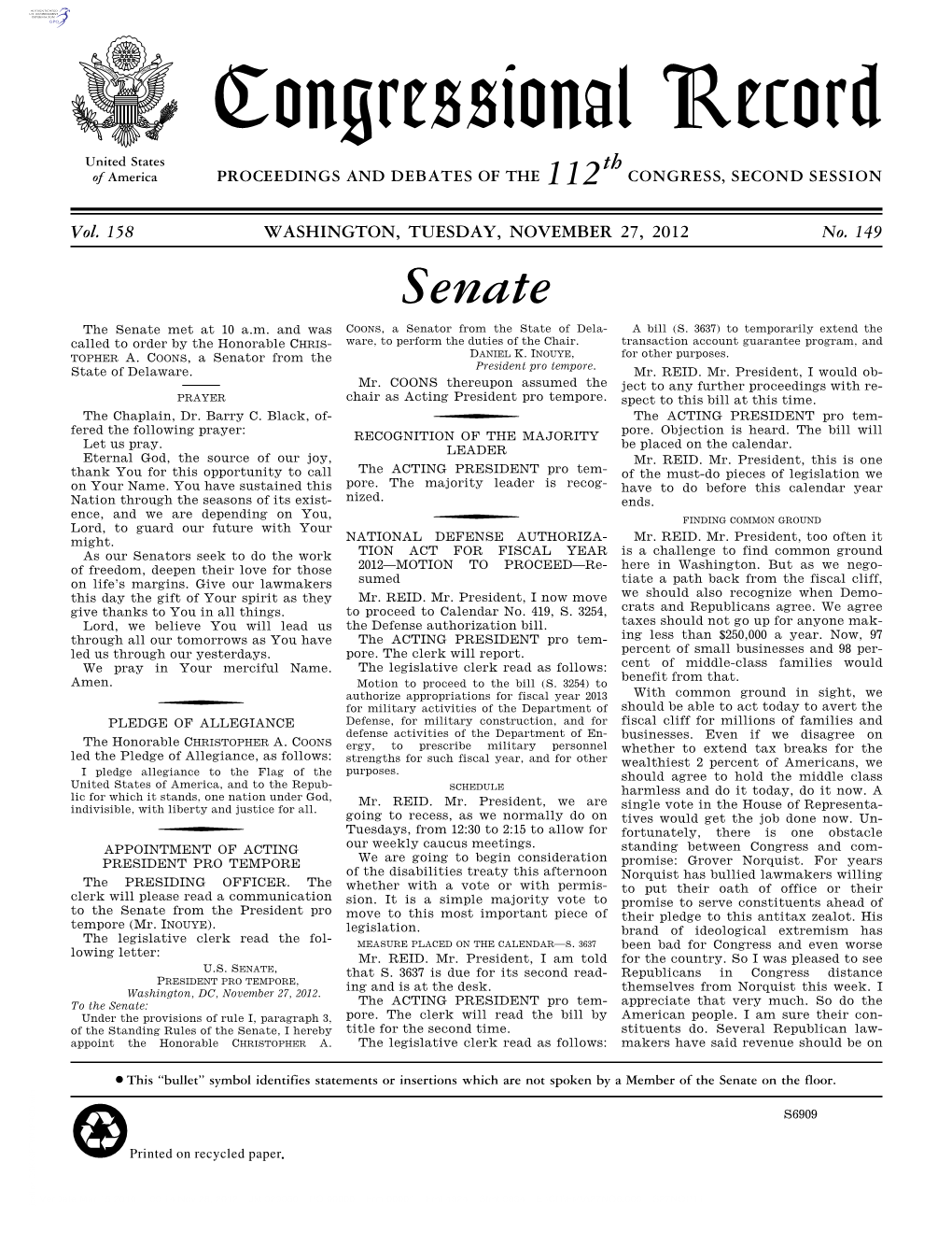 Congressional Record United States Th of America PROCEEDINGS and DEBATES of the 112 CONGRESS, SECOND SESSION