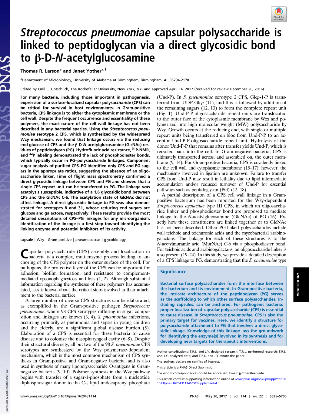 Streptococcus Pneumoniae Capsular Polysaccharide Is Linked to Peptidoglycan Via a Direct Glycosidic Bond to Β-D-N-Acetylglucosamine