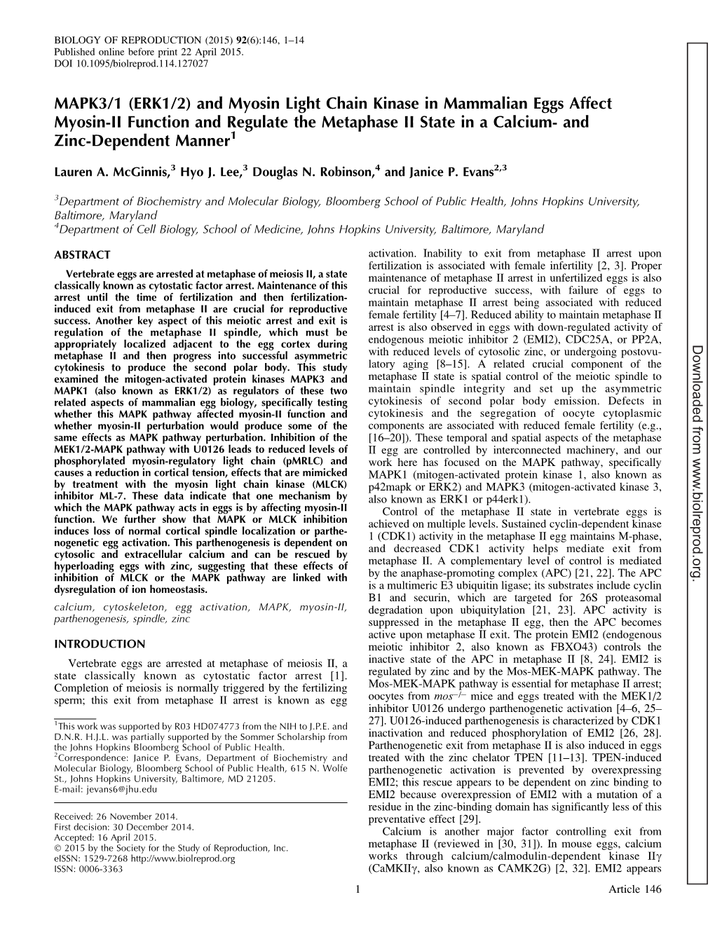 MAPK3/1 (ERK1/2) and Myosin Light Chain Kinase in Mammalian Eggs