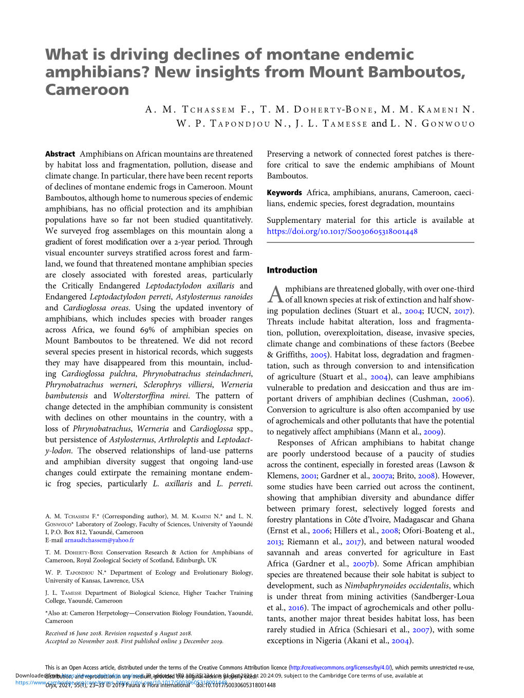 What Is Driving Declines of Montane Endemic Amphibians? New Insights from Mount Bamboutos, Cameroon