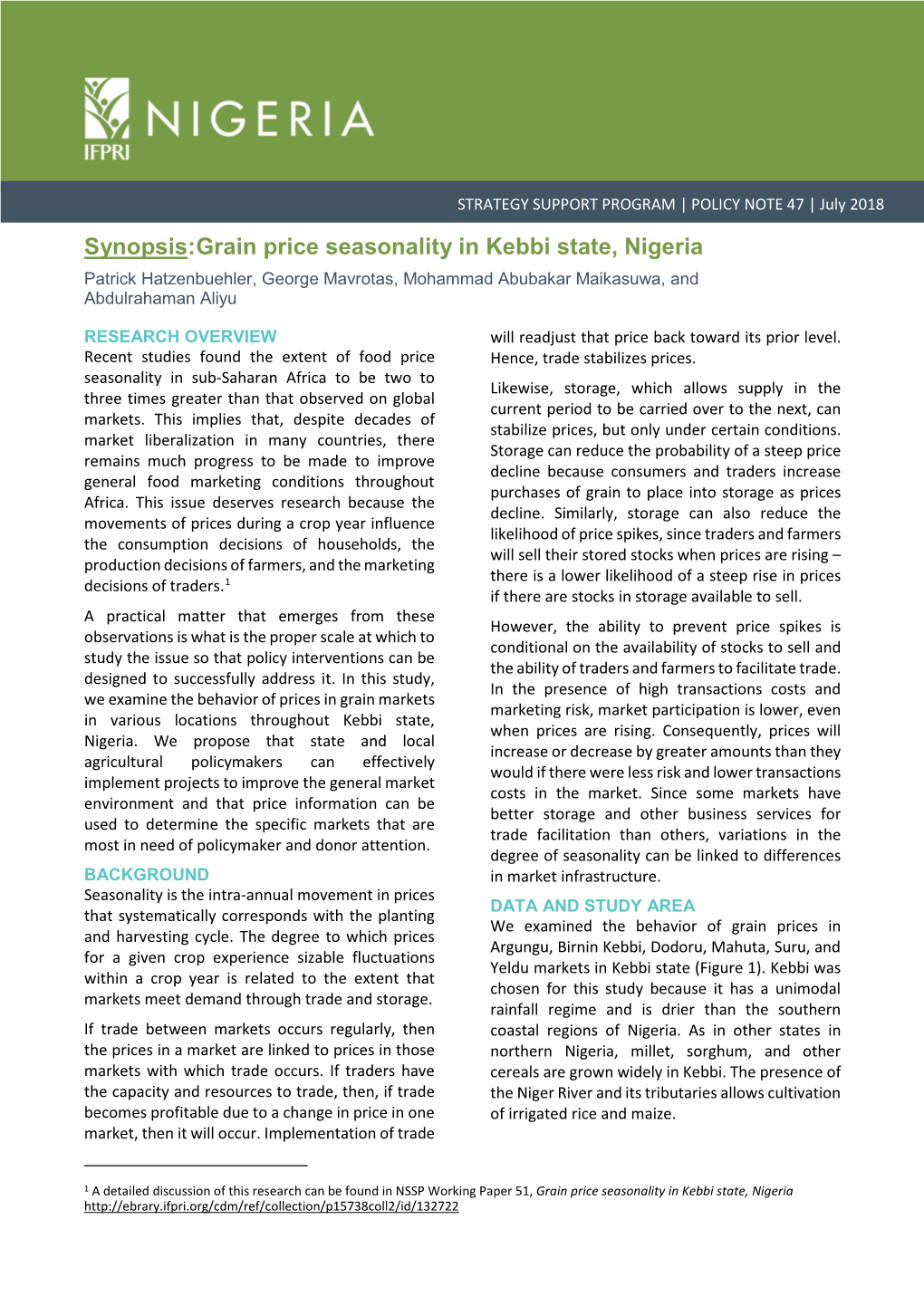 Grain Price Seasonality in Kebbi State, Nigeria Patrick Hatzenbuehler, George Mavrotas, Mohammad Abubakar Maikasuwa, and Abdulrahaman Aliyu