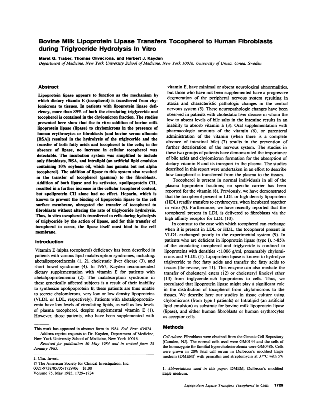 Bovine Milk Lipoprotein Lipase Transfers Tocopherol to Human Fibroblasts During Triglyceride Hydrolysis in Vitro Maret G