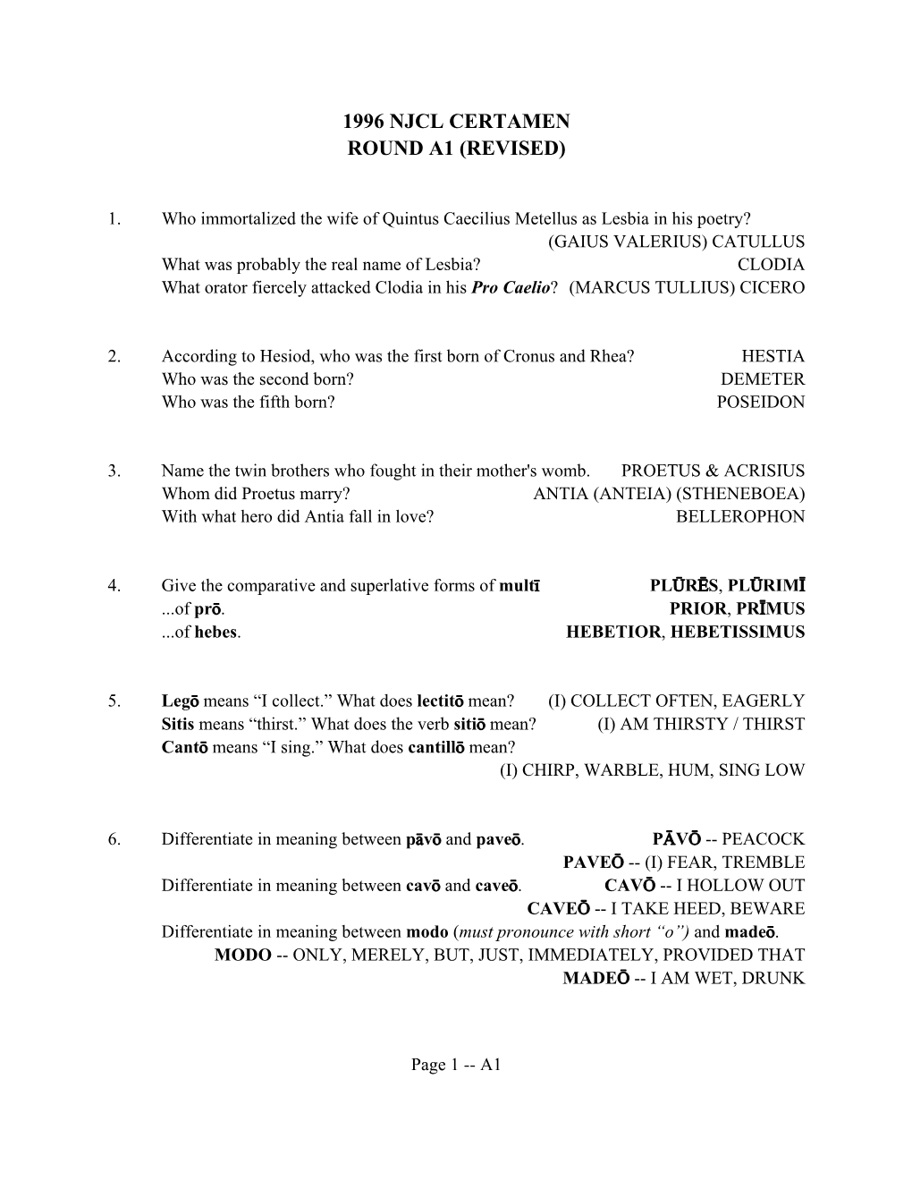 1996 Njcl Certamen Round A1 (Revised)