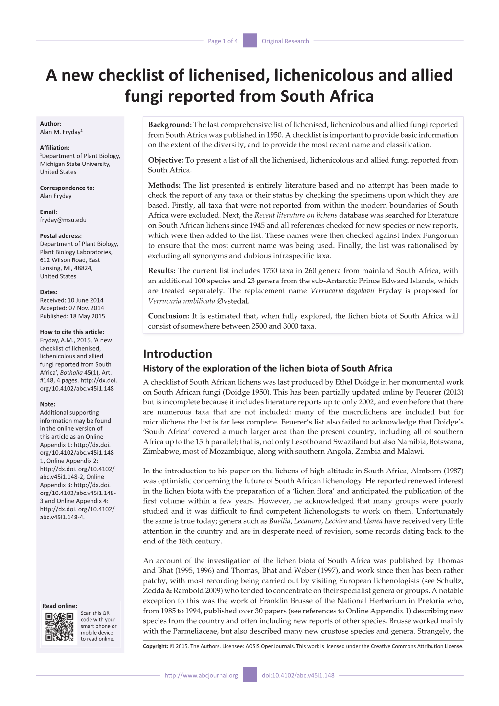 A New Checklist of Lichenised, Lichenicolous and Allied Fungi Reported from South Africa